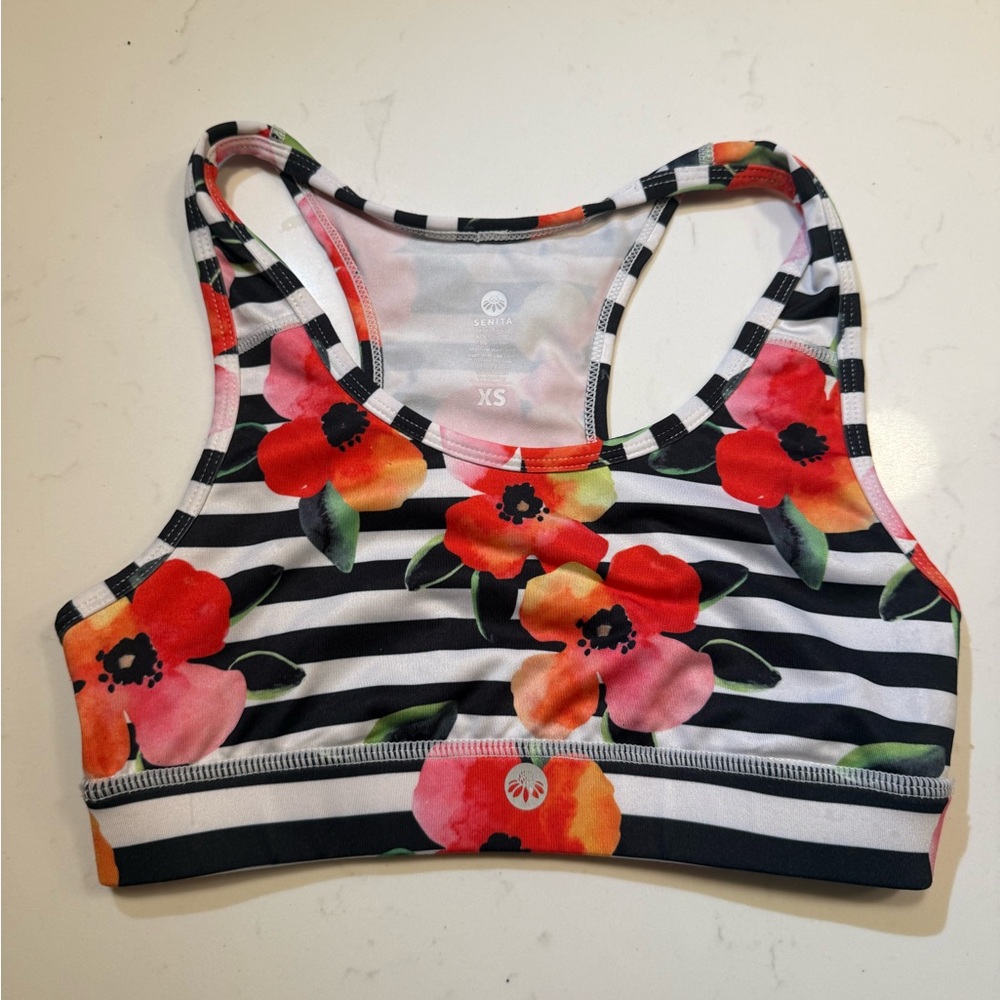 Senita Athletics Black and White Striped Floral Sports Bra with phone pocket